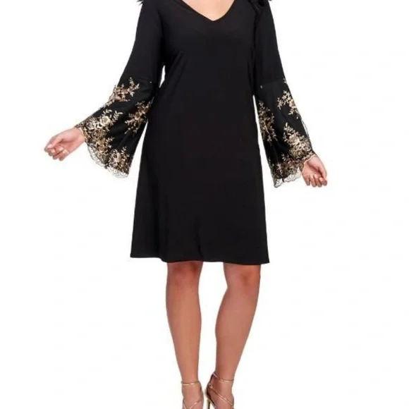 MSK Black and Gold Dress Flare Bell Sleeve Petite Small - Picture 2 of 5